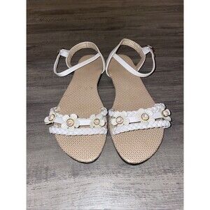 Bonita White Braided Flat Sandals Flower Pearl Ankle Strap Summer Size 9